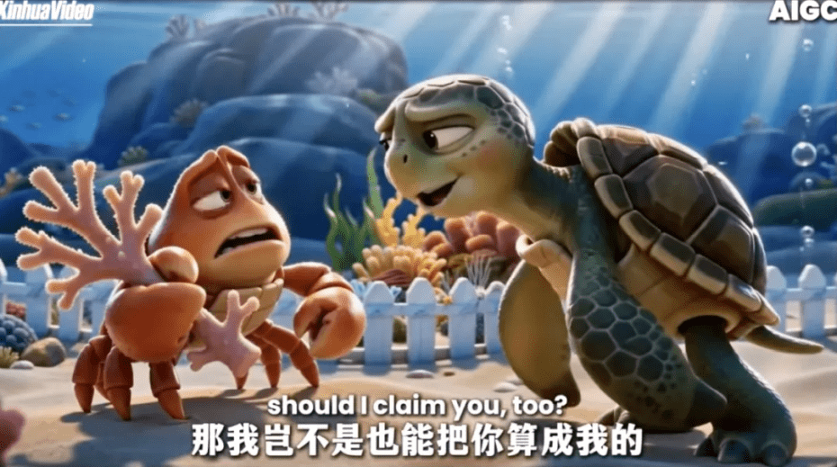 動畫中一隻螃蟹無視歷史,叫囂稱:「只要離我近,就是我的。」海龜則回應他:「按照你『離得近就算擁有』的邏輯,那我豈不是也能把你算成我的?」 動畫中一隻螃蟹無視歷史,叫囂稱:「只要離我近,就是我的。」海龜則回應他:「按照你『離得近就算擁有』的邏輯,那我豈不是也能把你算成我的?」