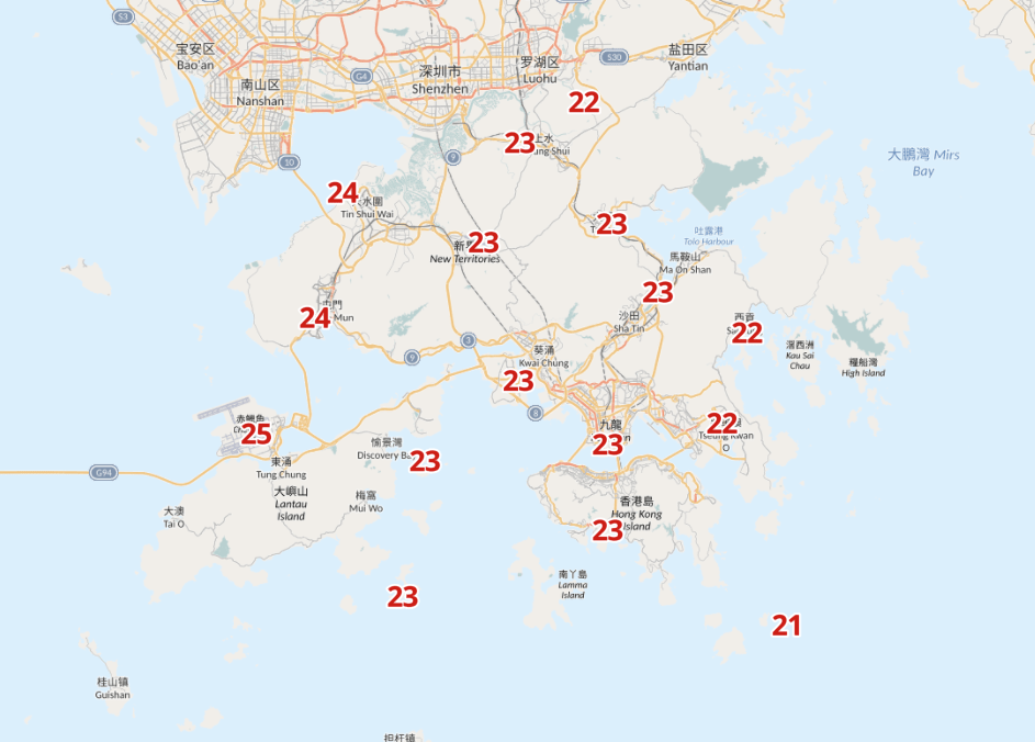 本港下午兩時各區氣溫。天文台網站擷圖