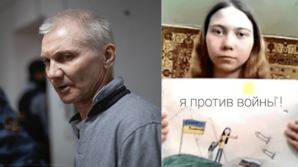 莫斯卡廖夫(Alexei Moskalyov,左)因女兒畫的一幅畫而被查及獲刑。 美聯社/網上圖片