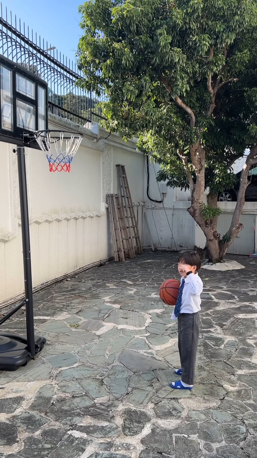 林盛斌拍囝囝打籃球影片，意外曝光花園好大。
