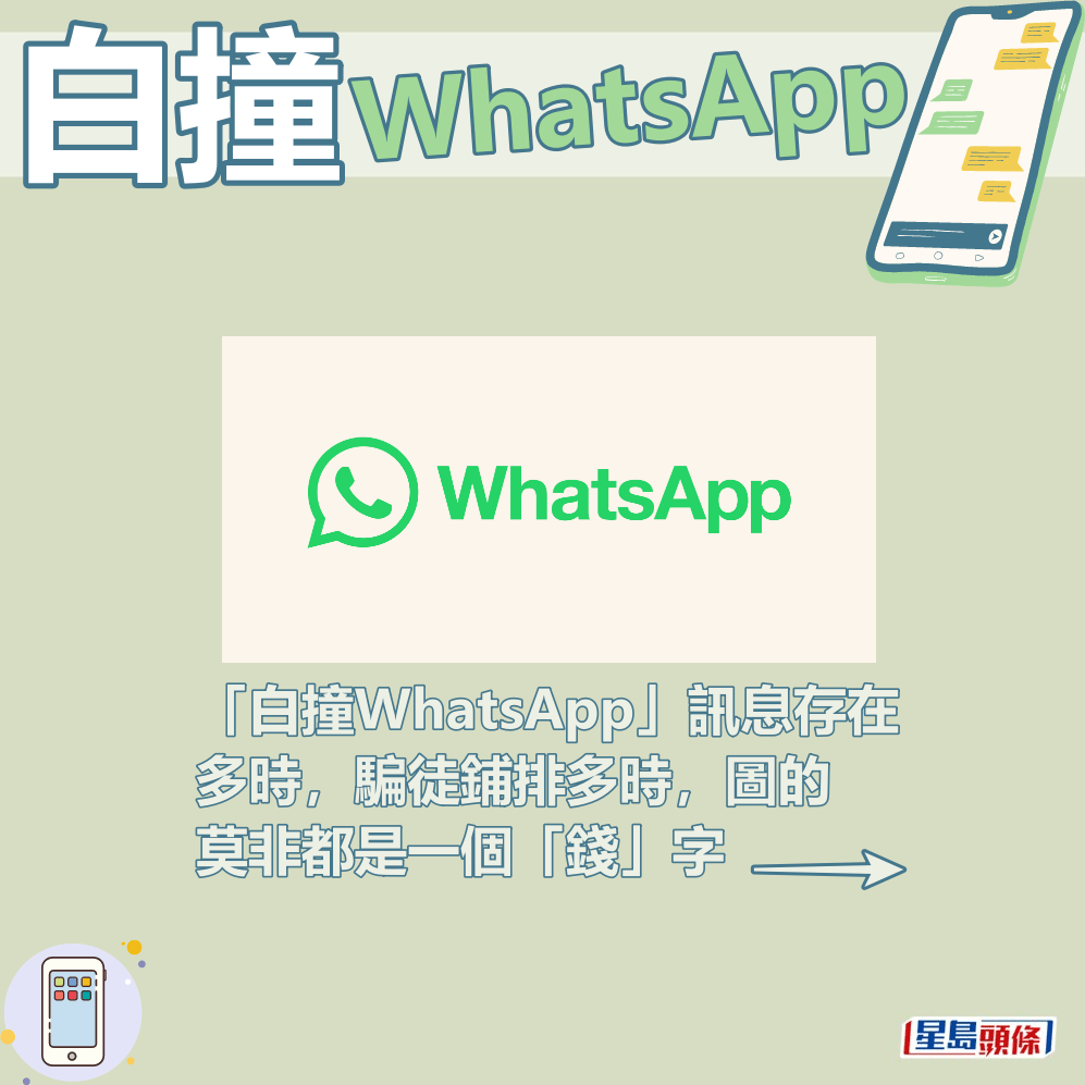 「白撞WhatsApp」讯息存在多时，骗徒铺排多时，图的莫非都是一个「钱」字。