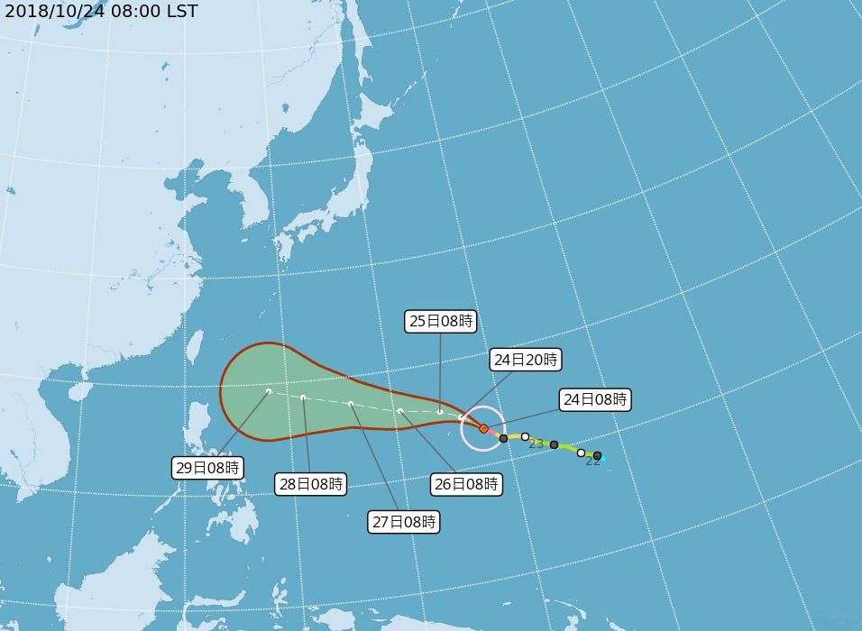 玉兔周三上午位置大約在鵝鑾鼻東南東方約3025公里。台灣氣象局網頁截圖