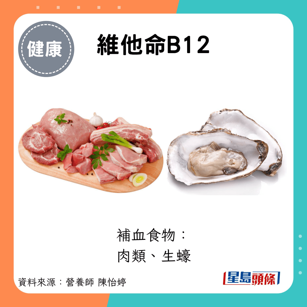 维他命B12：补血食物： 肉类、生蚝