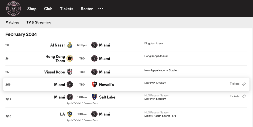 国际迈亚密仍有显示与神户的比赛。Inter Miami网站截图