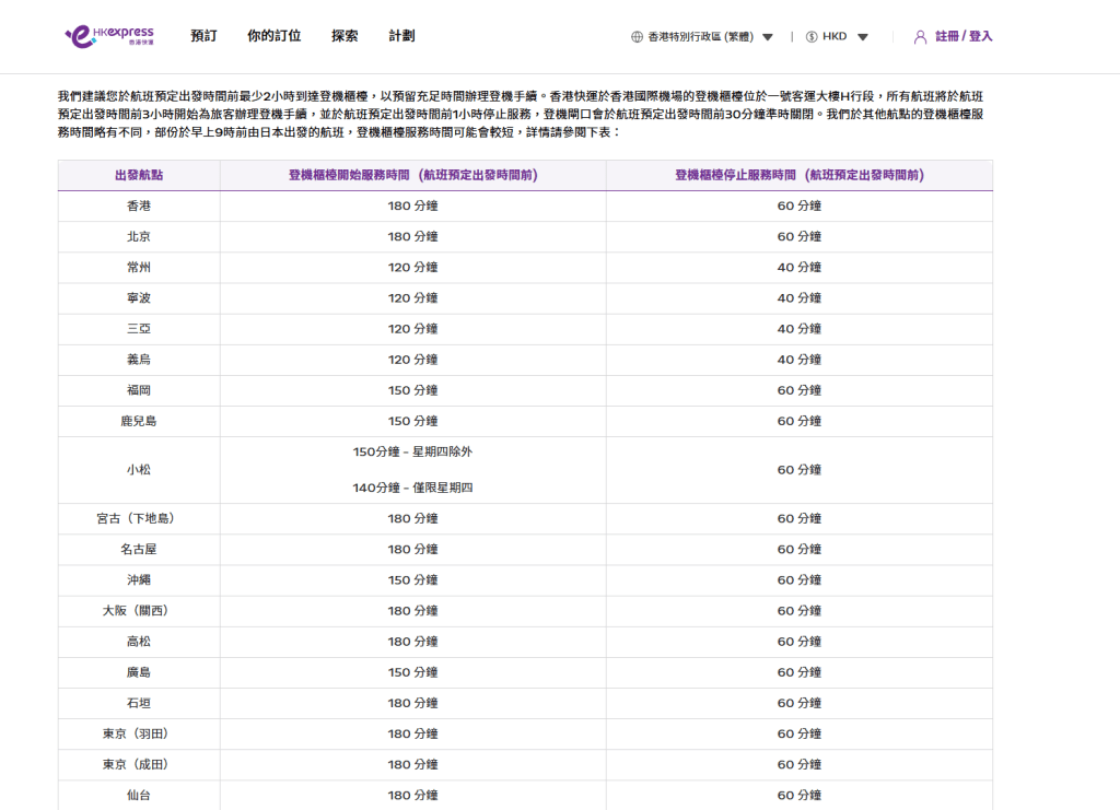 香港快運航空提醒旅客需於航班預定出發時間前最少2小時到達登機櫃檯。