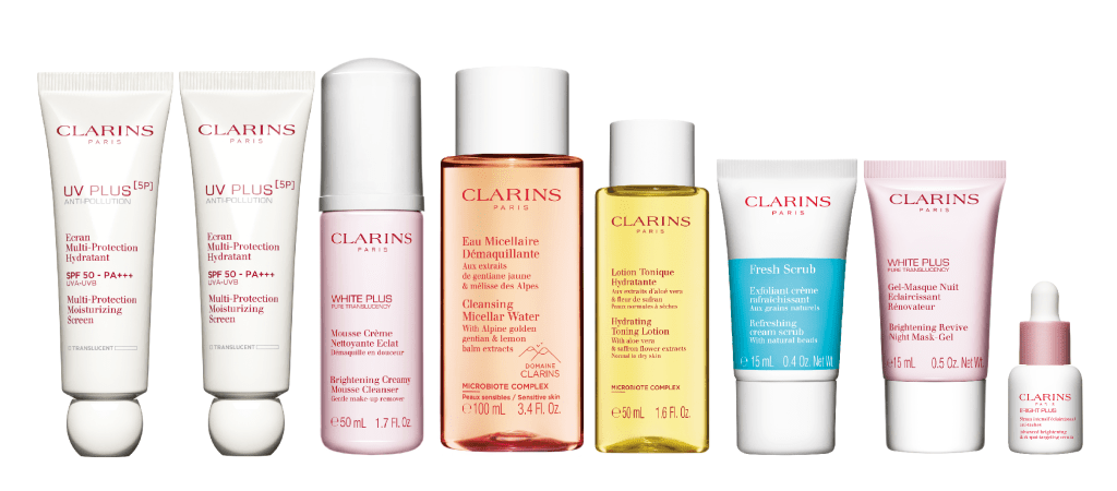 Clarins抗污染透白防曬霜兩支套裝/價值$1,592至$2,166,現售$860至$1,140,包括透白光感面膜晚霜及透亮光感淡斑精華等。(銅鑼灣崇光百貨)