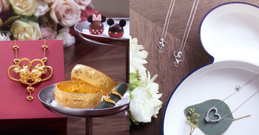 周大福迪士尼经典系列以米奇及米妮，配上足金、黄金、钻石及珍珠，设计出新派婚嫁饰品。