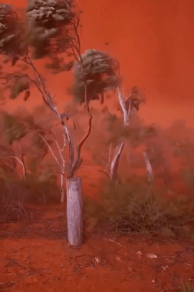 从现场拍摄的影片可见，天空呈现极不寻常的深红与橘红色调。X@Rachel985456360