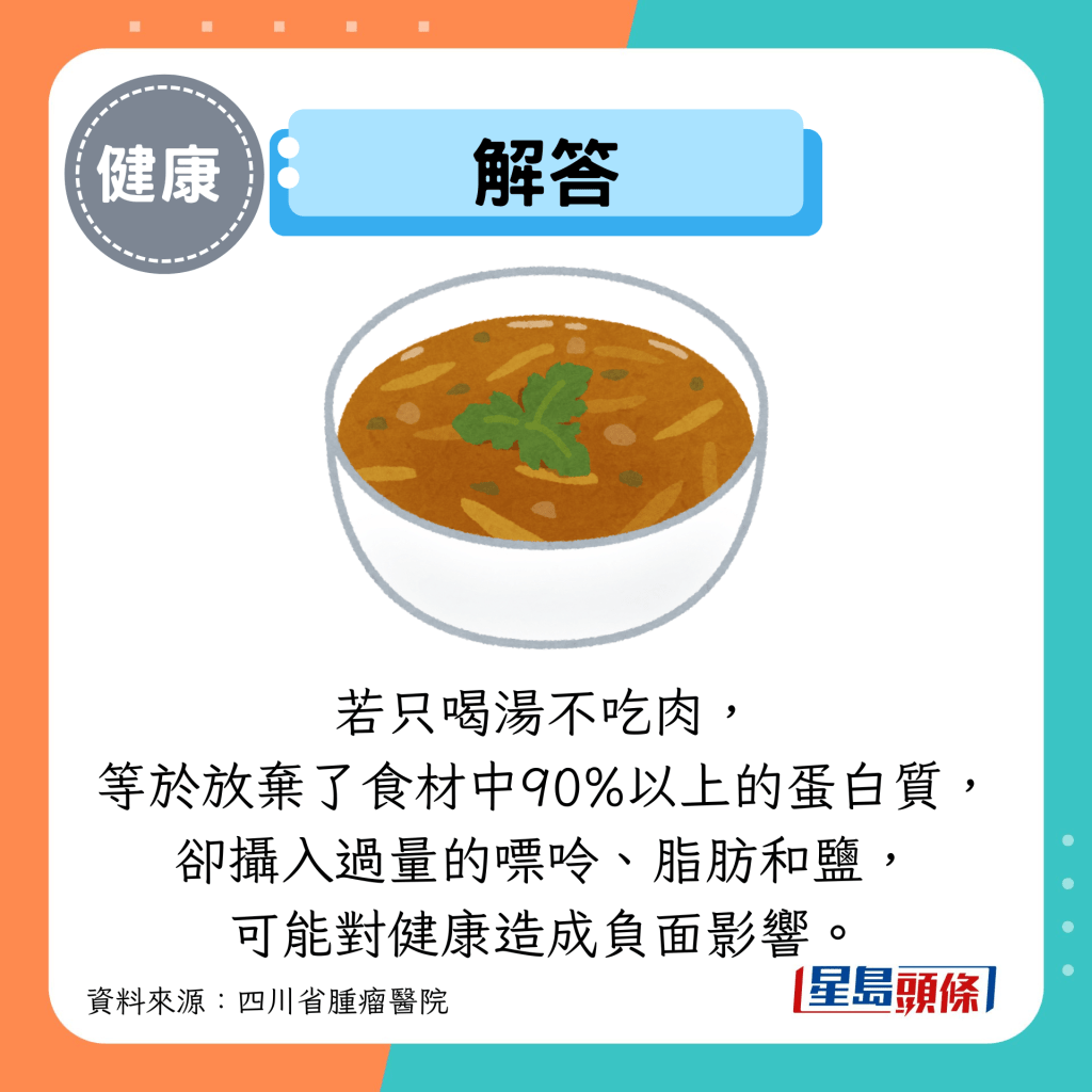 解答：若只喝汤不吃肉， 等于放弃了食材中90%以上的蛋白质， 却摄入过量的嘌呤、脂肪和盐， 可能对健康造成负面影响。