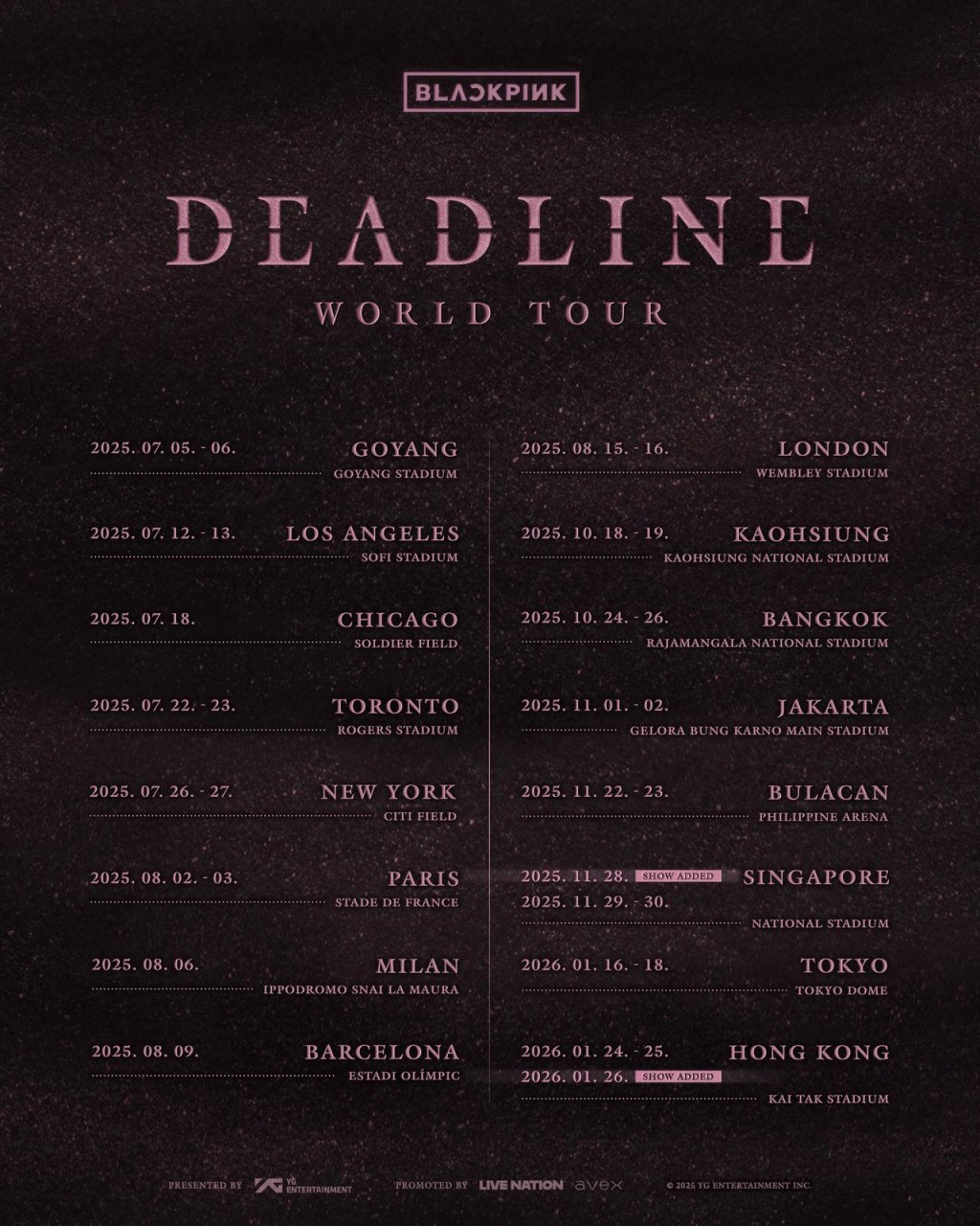 BLACKPINK演唱會香港站加開第3場，將於明年1月26日（星期一）舉行。