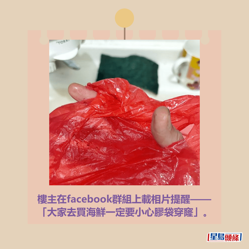 樓主在facebook群組上載相片提醒—— 「大家去買海鮮一定要小心膠袋穿窿」。fb「香港街市魚類海鮮研究社」截圖 樓主在facebook群組上載相片提醒—— 「大家去買海鮮一定要小心膠袋穿窿」。fb「香港街市魚類海鮮研究社」截圖