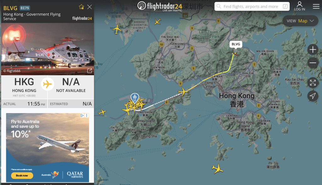 政府飛行服務隊派出直升機協助搜索。Flightradar24圖片