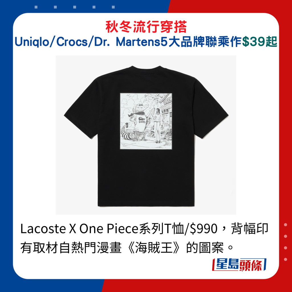 Lacoste X One Piece系列T恤/$990，背幅印有取材自热门漫画《海贼王》的图案。