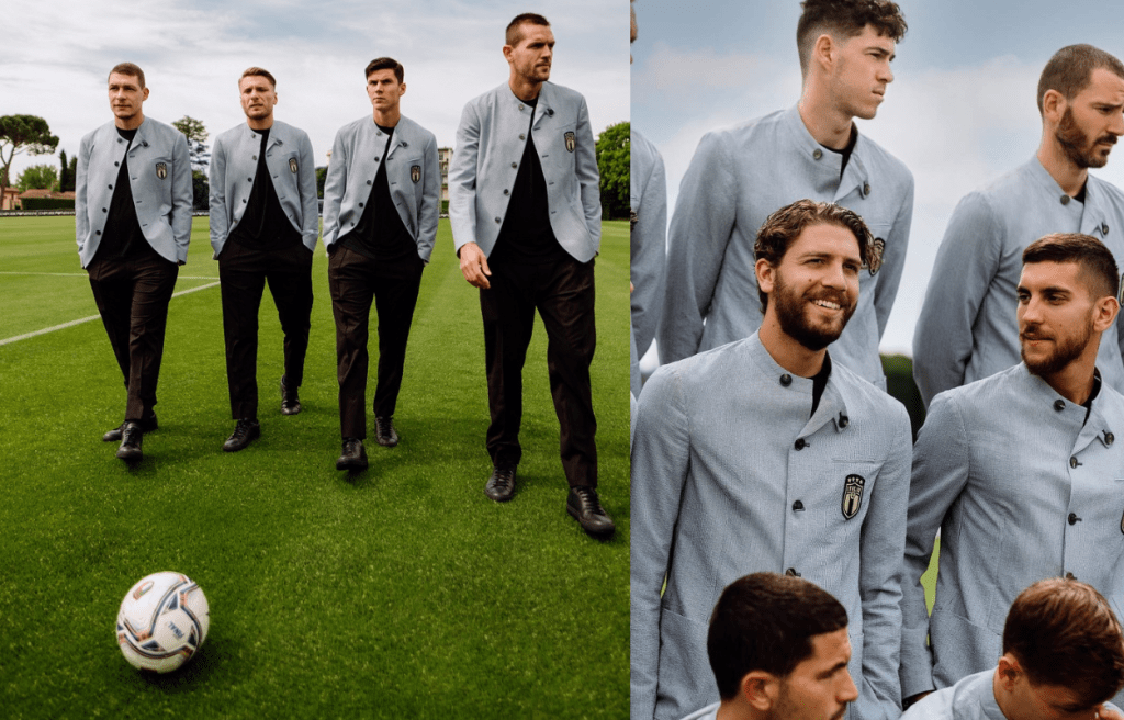 Emporio Armani為意大利國家足球隊設計正裝制服，藉以向意大利足球巨匠恩佐·貝阿爾佐特（Enzo Bearzot）致敬，靈感源於這位名垂青史的教練散發的優雅氣質，糅合純正意式風格及其自然流露的淡然態度。此制服囊括褶皺效果的輕盈棉質泡泡紗中式領淺藍色/白色外套，配搭柔軟黑色長褲，品牌於風格精髓展現於簡約線條及細節之中。