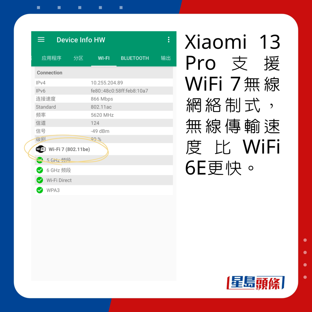 Xiaomi 13 Pro支援WiFi 7無線網絡制式，無線傳輸速度比WiFi 6E更快。