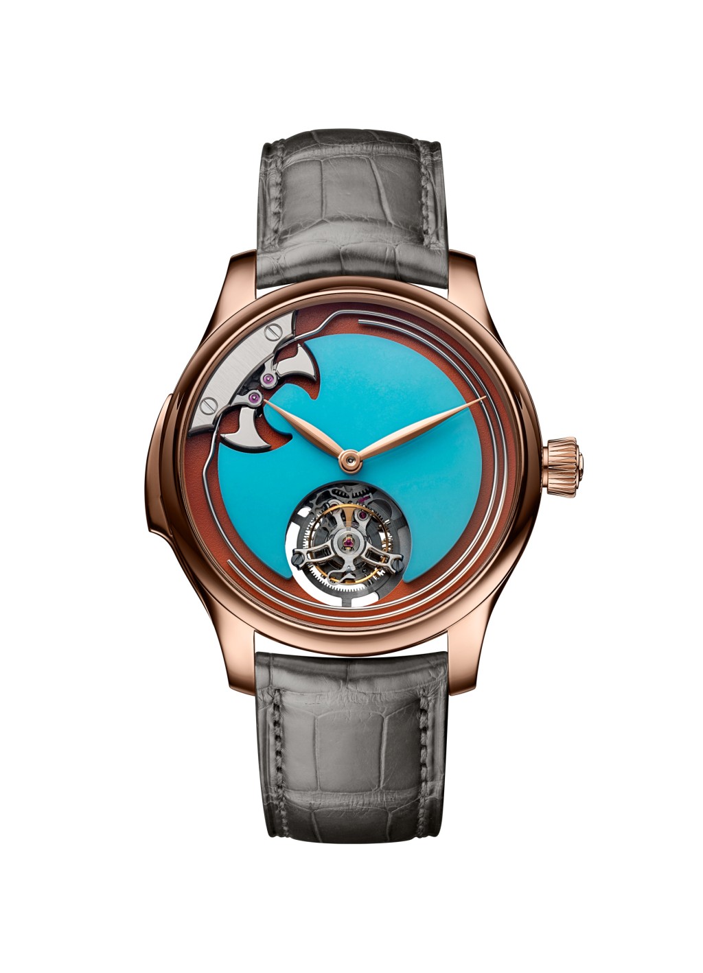 H. Moser & Cie. Endeavour Minute Repeater Tourbillon Concept Pop(勇創者三問報時陀飛輪概念腕錶),青金石和檸檬色綠玉髓。錶殼:40毫米/5N紅金 / 機芯:HMC 904手上鏈 / 限量:1枚(每色)/ 售價:HK$2,752,000。 H. Moser & Cie. Endeavour Minute Repeater Tourbillon Concept Pop(勇創者三問報時陀飛輪概念腕錶),青金石和檸檬色綠玉髓。錶殼:40毫米/5N紅金 / 機芯:HMC 904手上鏈 / 限量:1枚(每色)/ 售價:HK$2,752,000。