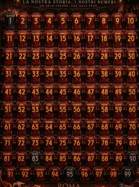 羅馬的1至99號球衣都有人著過，創下球壇歷史。網上圖片