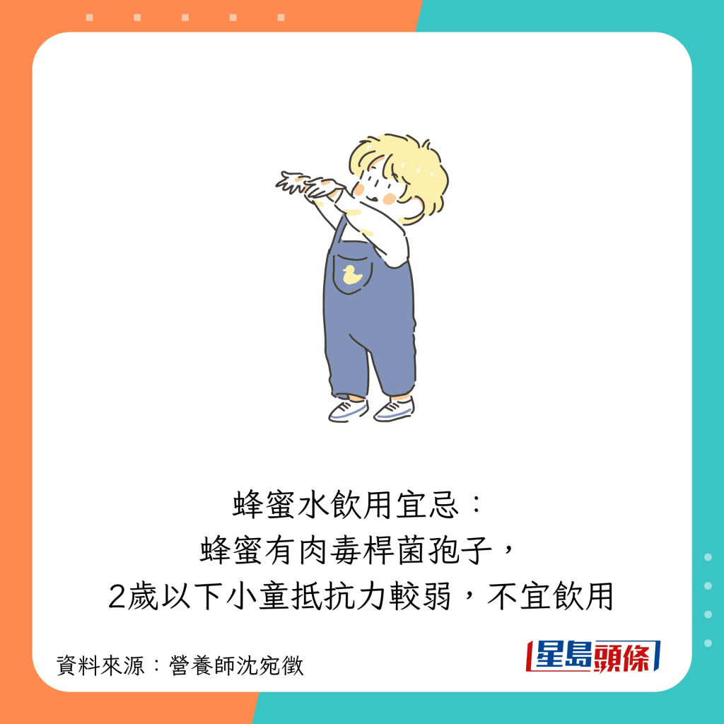 蜂蜜有肉毒桿菌孢子,2歲以下小童抵抗力較弱,不宜飲用