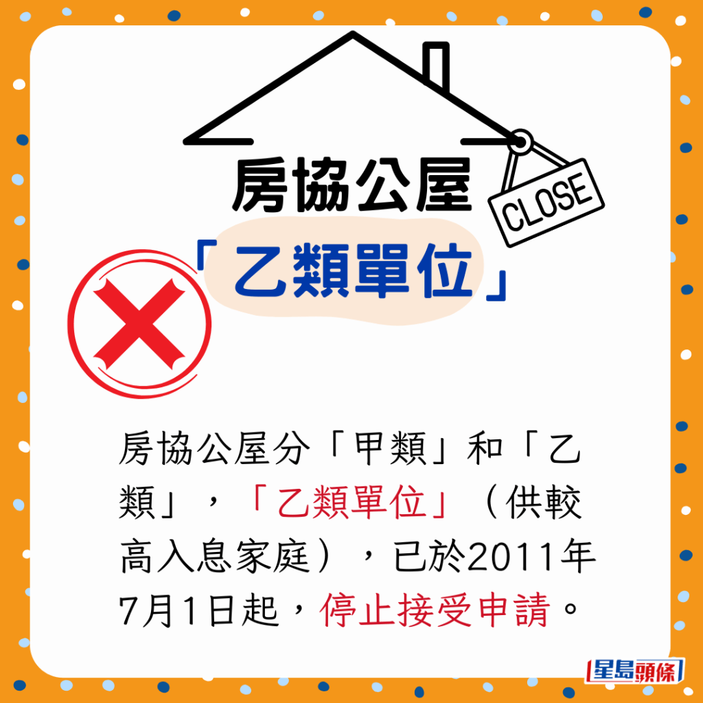 房協公屋分「甲類」和「乙類」,「乙類單位」(供較高入息家庭),已於2011年7月1日起,停止接受申請。 房協公屋分「甲類」和「乙類」,「乙類單位」(供較高入息家庭),已於2011年7月1日起,停止接受申請。