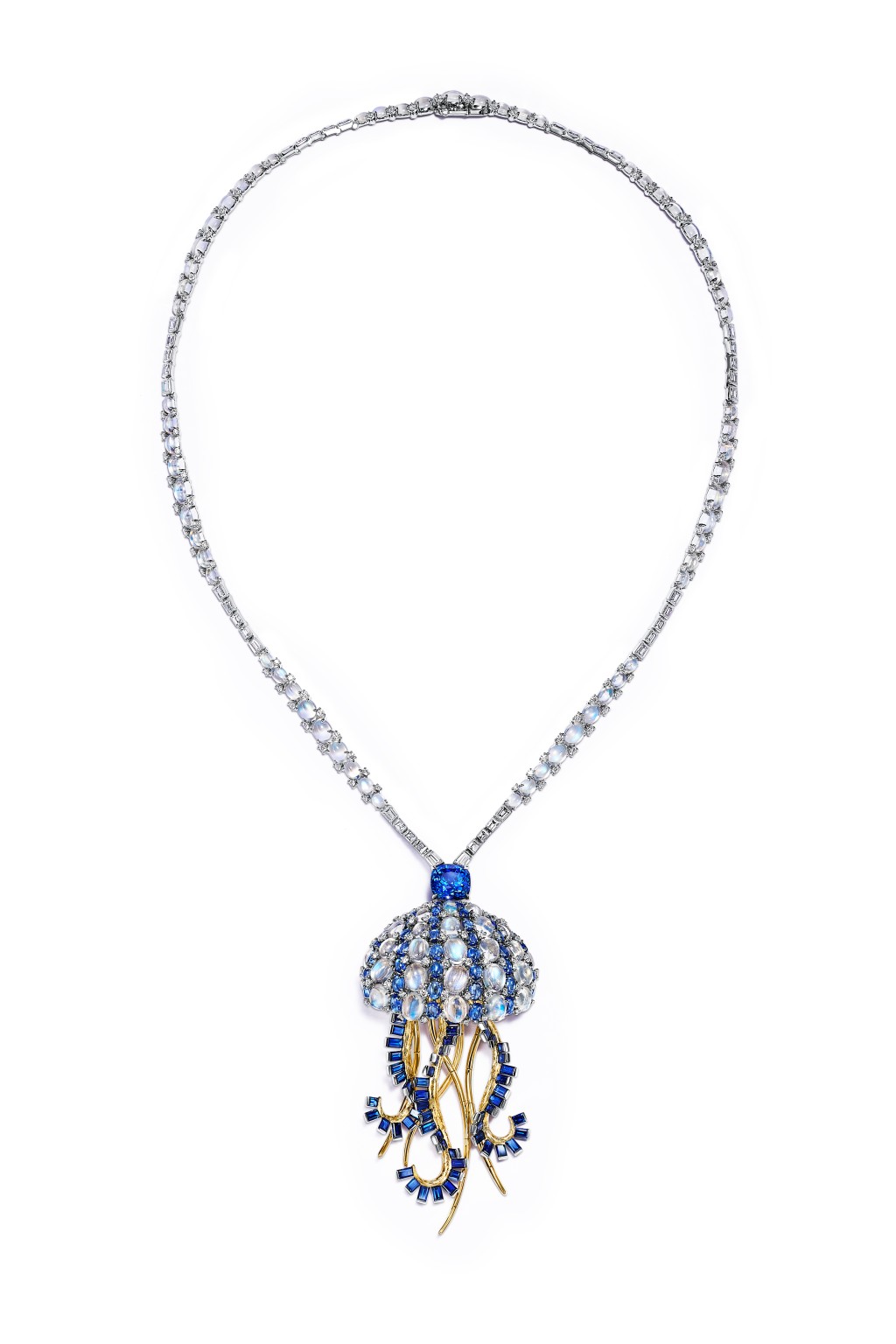 水母綺夢（Jellyfish）主題鉑金及18K黃金鑽石項鏈，鑲嵌未經優化處理藍寶石、藍寶石、坦桑石及月亮石。