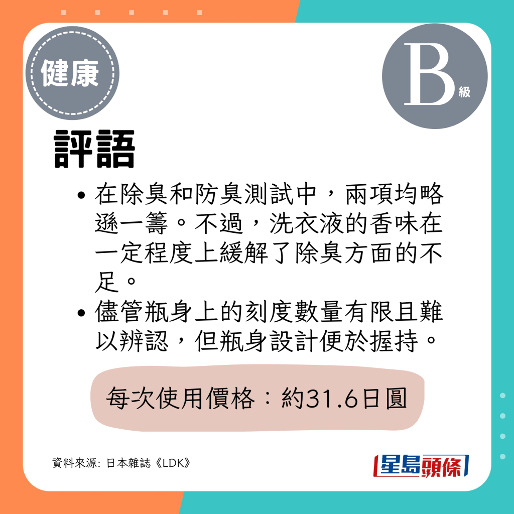 在除臭和防臭测试中，两项均略逊一筹。不过，洗衣液的香味在一定程度上缓解了除臭方面的不足。