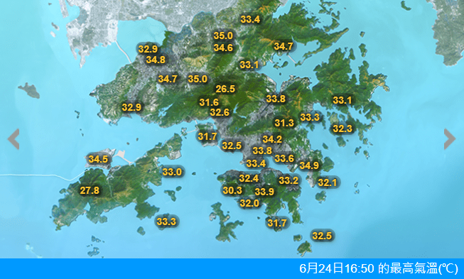 本港多個地區的氣溫逾34度。