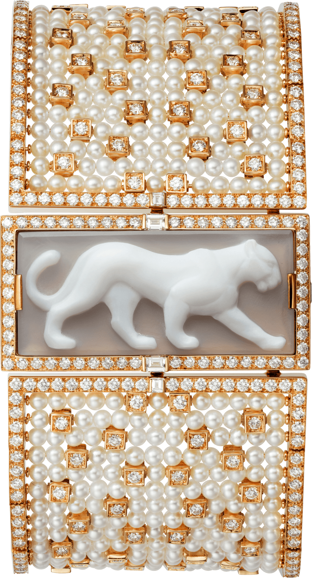 用上美洲作為設計題材的卡地亞Panthère高級珠寶神秘腕表，18K玫瑰金表殼，搭載石英機芯，鑲配瑪瑙、淡水珍珠及鑽石。（個別定價）