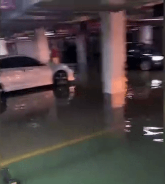 网片显示，停车场其它的车都几乎轮胎被水淹。