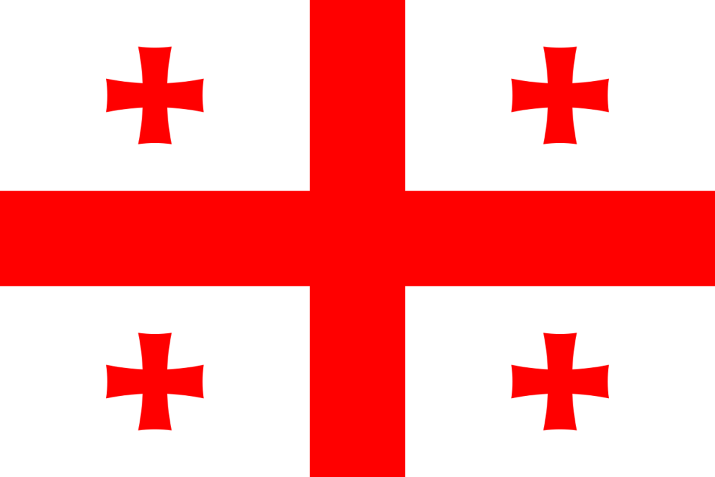 格鲁吉亚国旗，欧美各国的称呼采用源自拉丁文Georgia的各种变体。