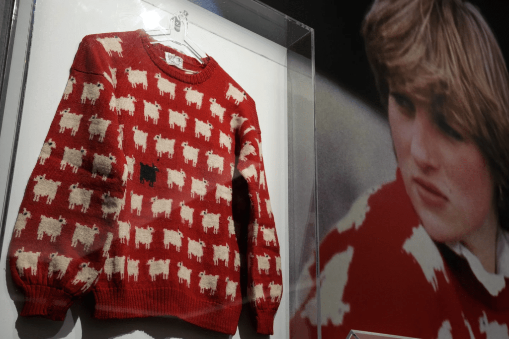 戴安娜第一次穿上这件毛衣是在1981年6月，当时她去看查理斯王子打马球，两人再过1个月就要结婚。AP