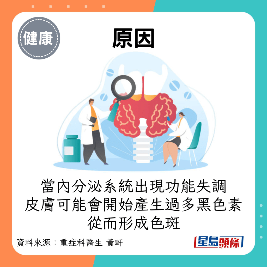 原因：通常与黑色素代谢有关。当身体的内分泌系统，特别是与荷尔蒙相关的器官（如甲状腺、肾上腺等）出现功能失调时，皮肤可能会开始产生过多的黑色素，从而形成色斑。