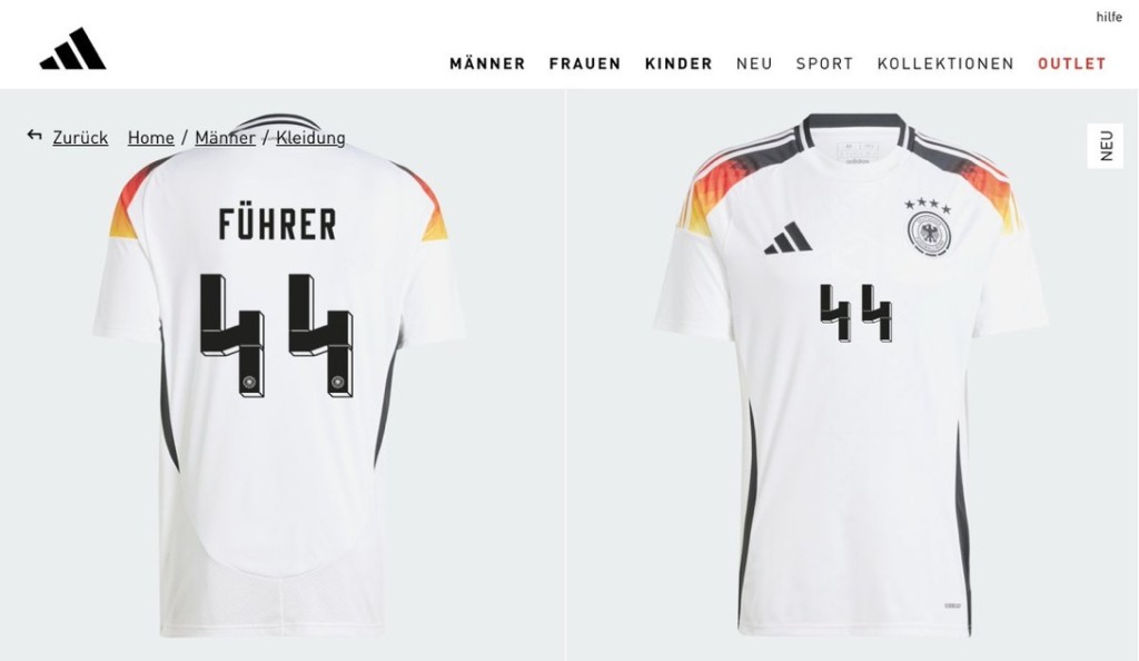 德國足球隊波衫自訂「44號」效果圖。