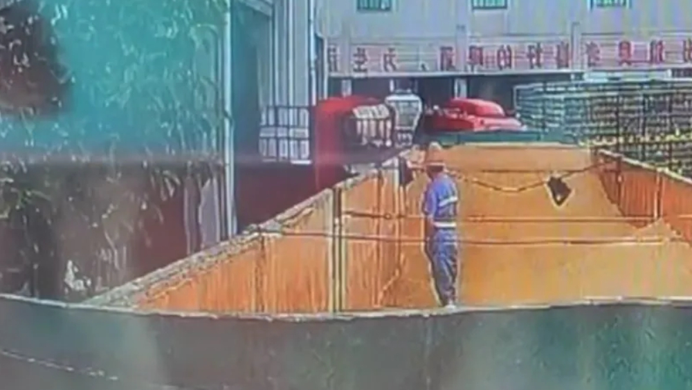 網民發布影片指有工人爬進青島啤酒三廠原料倉小便。 