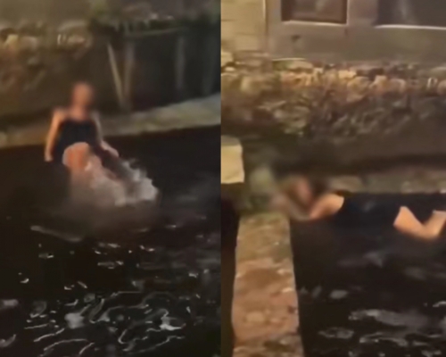 在雲南麗江，一名女遊客懷疑酒後失控，跌入水井中嬉水。 （片段截圖）