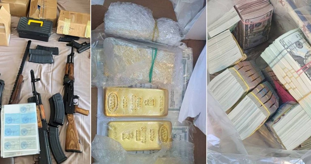 俄执法人员到普里戈任家抄家，搜出假发、金条、弹药及大量现金。