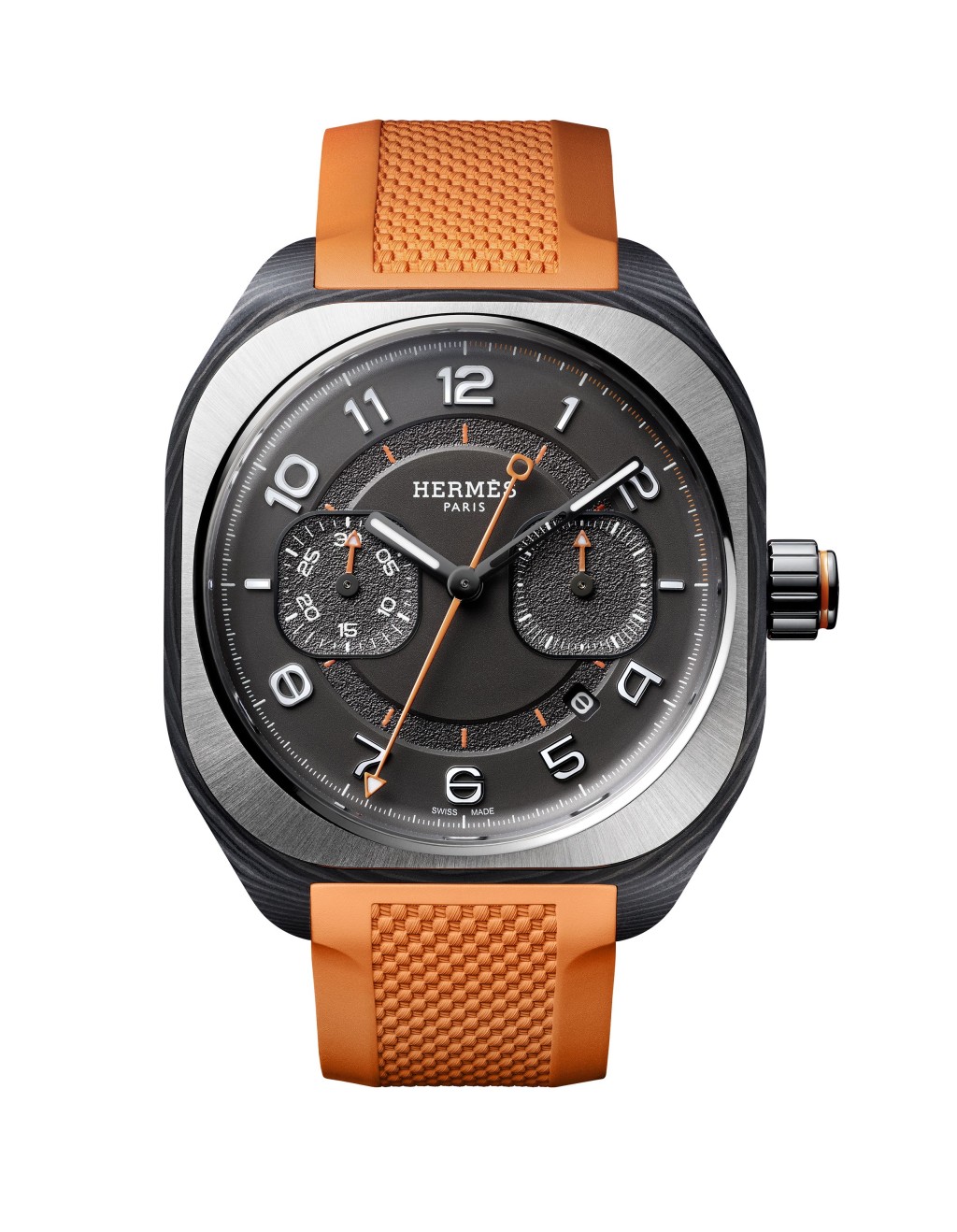 Hermès H08 Chronographe，41 × 41mm石墨烯包覆碳纖維複合材質表殼，H1837自動機芯，售價/$119,800。