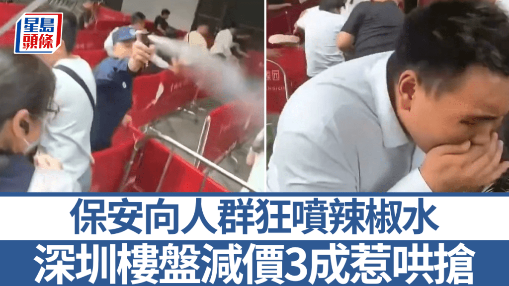 樓盤營銷中心外，保安向人群噴辣椒水。微博@金融八卦女