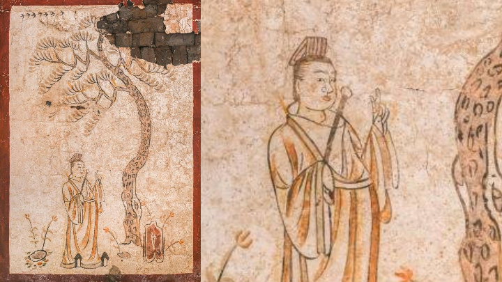 山西墓中壁畫的男子舉起「V」字手勢。（網上圖片）
