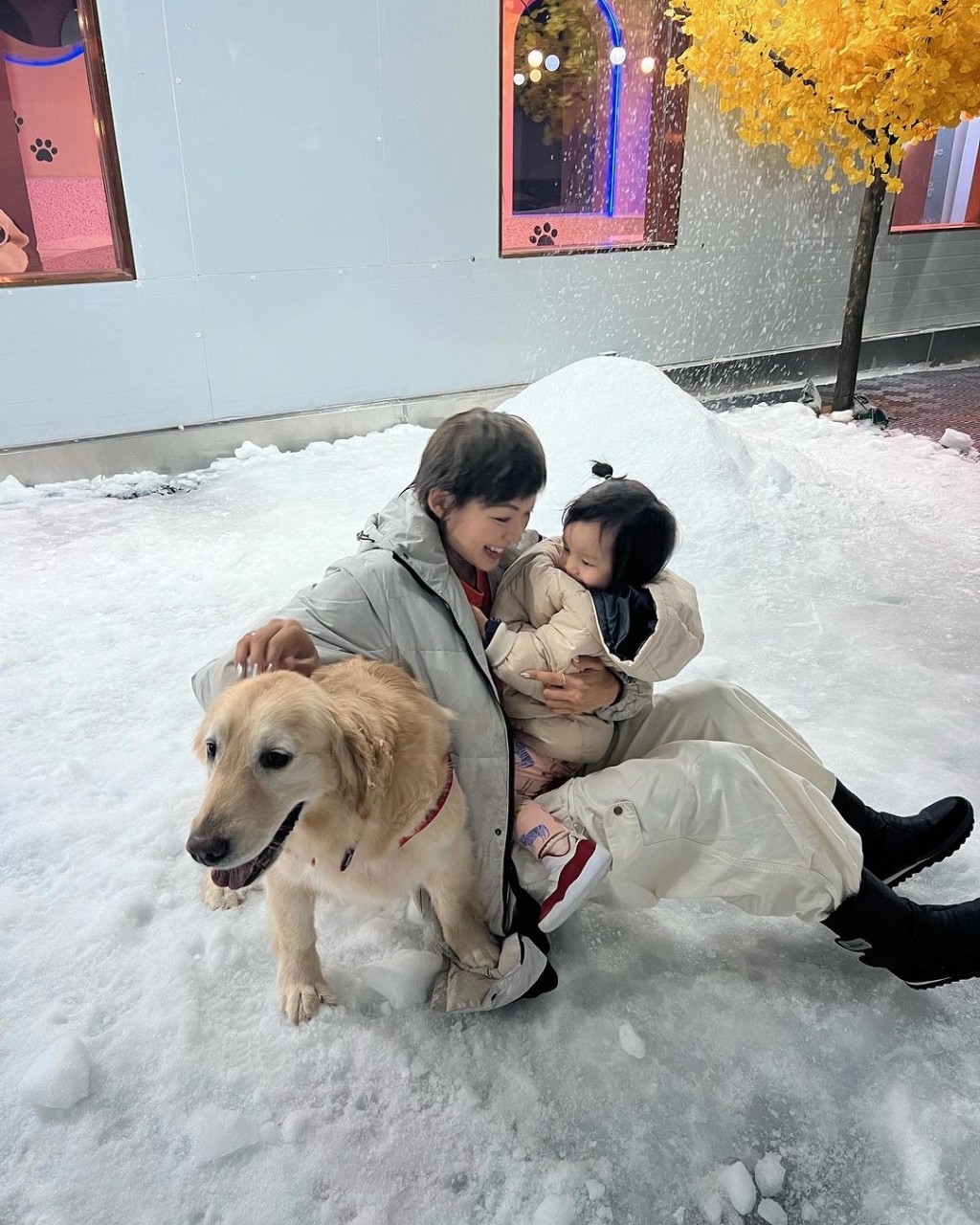 昨晚梁诺妍分享与囡囡Sir Face和爱犬Molly去玩雪的照片。