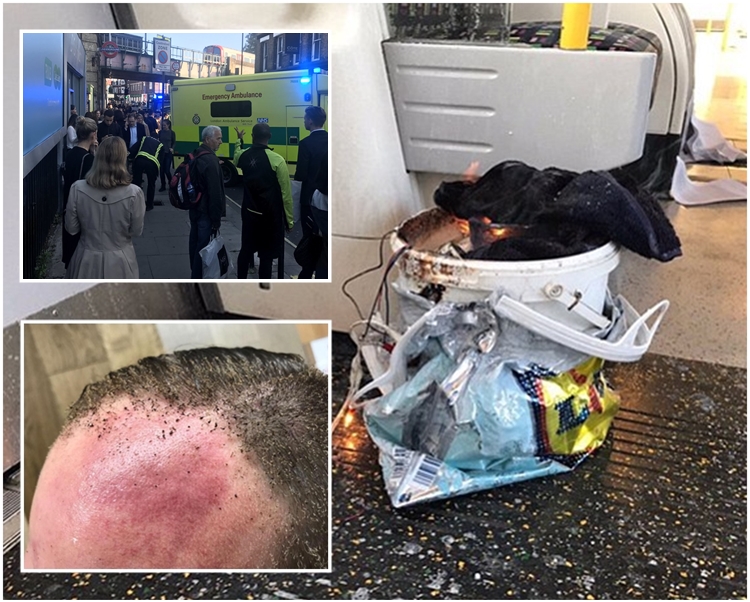 可疑胶桶内有白色和灰色的电线。小图是被烧至焦头烂额的伤者，和大批乘客疏散到地面。网图