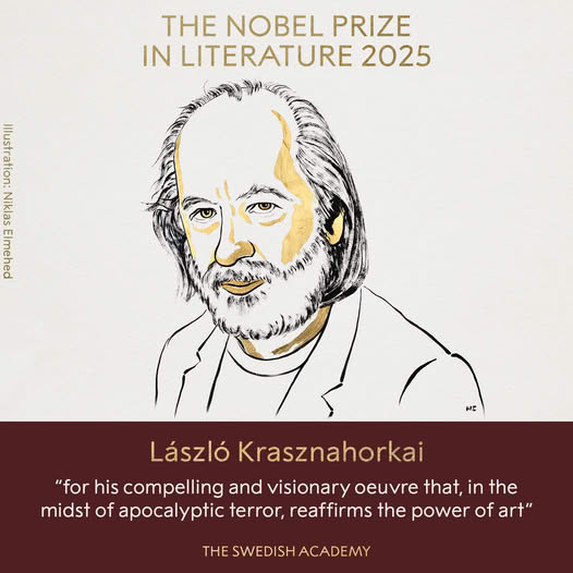 本屆諾貝爾文學獎得主為匈牙利作家克拉斯諾霍爾卡伊。Facebook: Nobel Prize 本屆諾貝爾文學獎得主為匈牙利作家克拉斯諾霍爾卡伊。Facebook: Nobel Prize