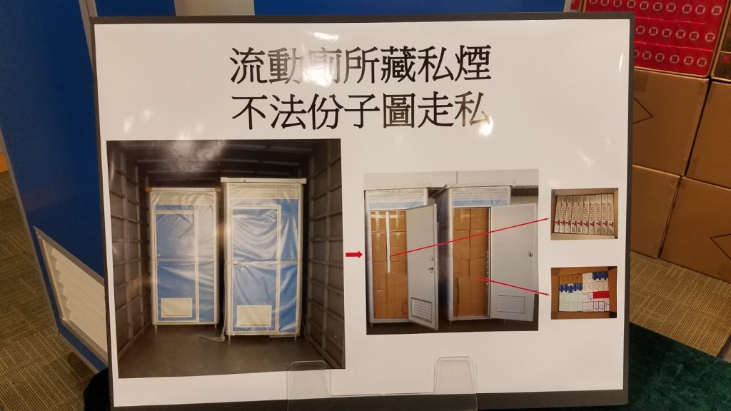 不法份子利用流動廁所掩飾走私香煙。 楊偉亨攝