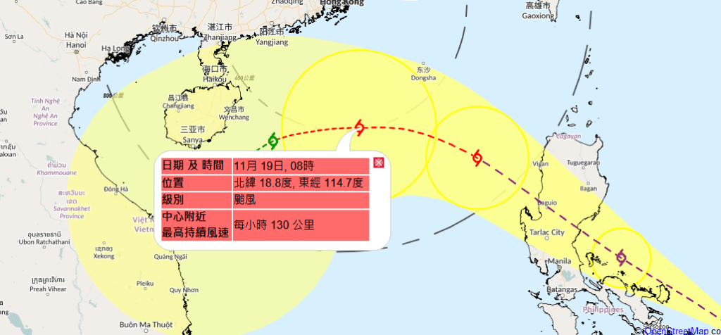 天文台預料萬宜將在下周二（19日）進入本港400公里範圍。天文台擷圖