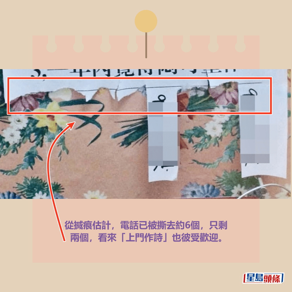 從搣痕估計,電話已被撕去約6個,只剩 兩個,看來「上門作詩」也彼受歡迎。Threads截圖 從搣痕估計,電話已被撕去約6個,只剩 兩個,看來「上門作詩」也彼受歡迎。Threads截圖