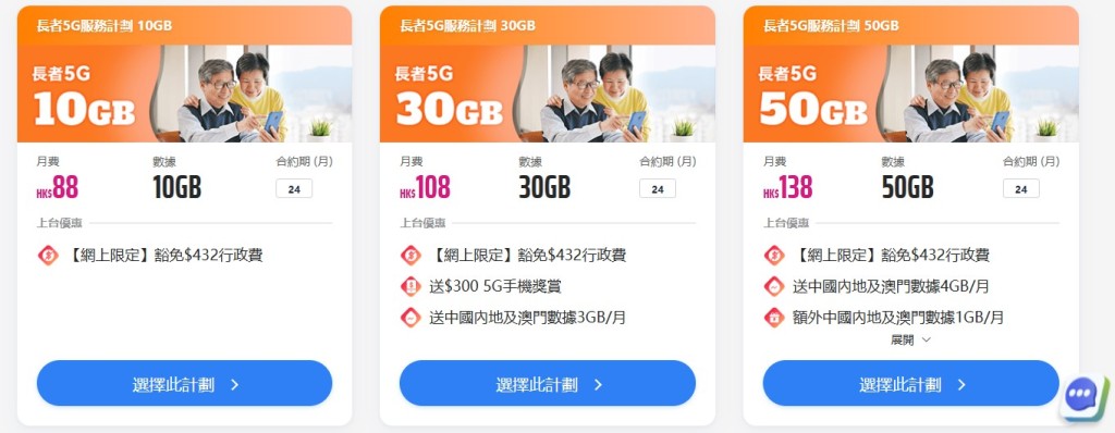 中國移動 長者電話月費計劃 每月10GB 5G數據