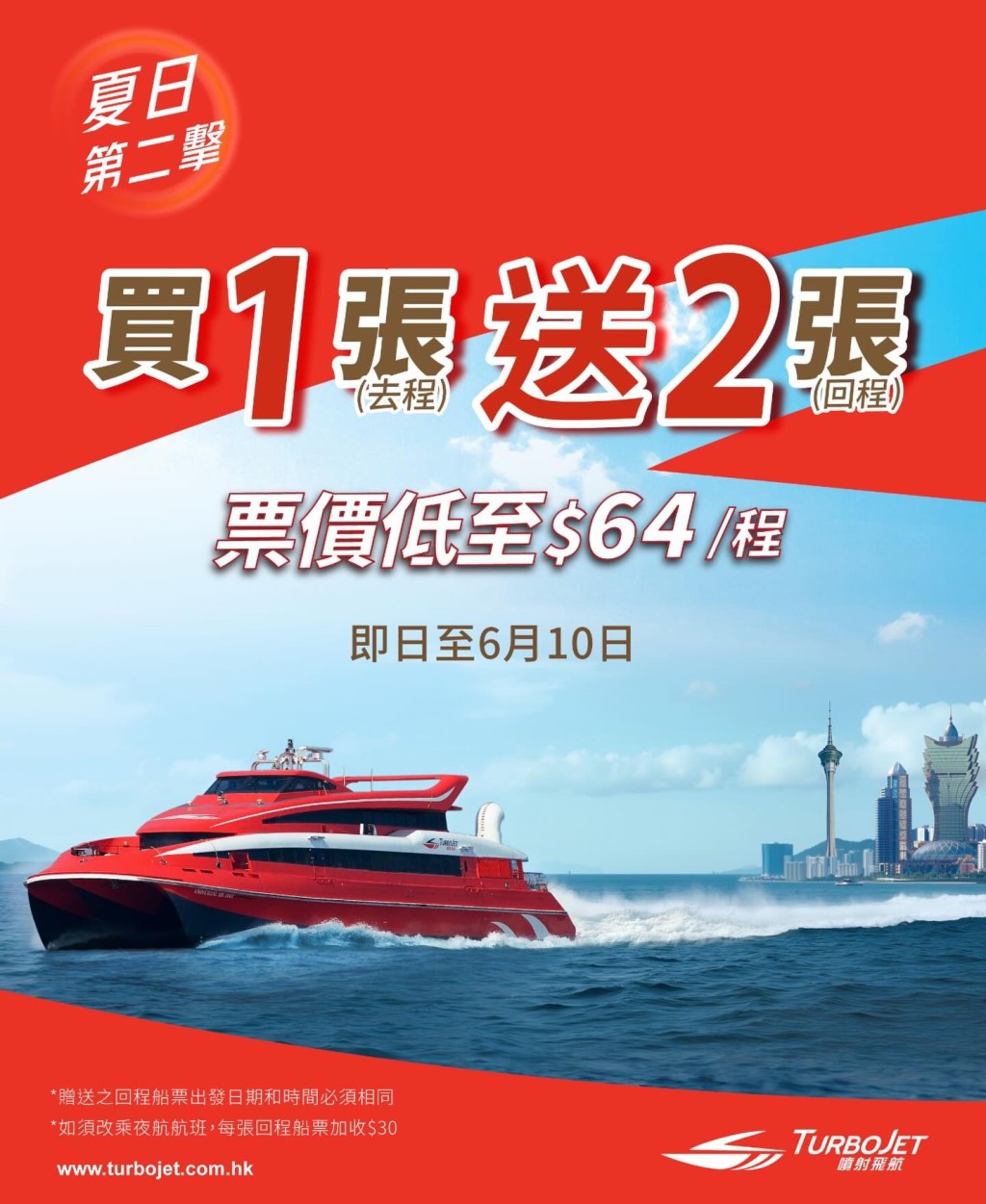噴射飛航最新的「夏日禮遇第二擊」推廣,港澳航線船票有買1送2優惠。 噴射飛航最新的「夏日禮遇第二擊」推廣,港澳航線船票有買1送2優惠。
