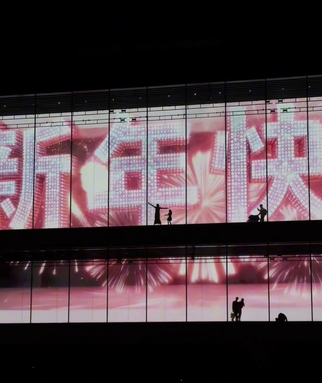 母女旅游上海浦东美术馆期间，在幕墙后忘情跳剪影舞。微博@小怂包