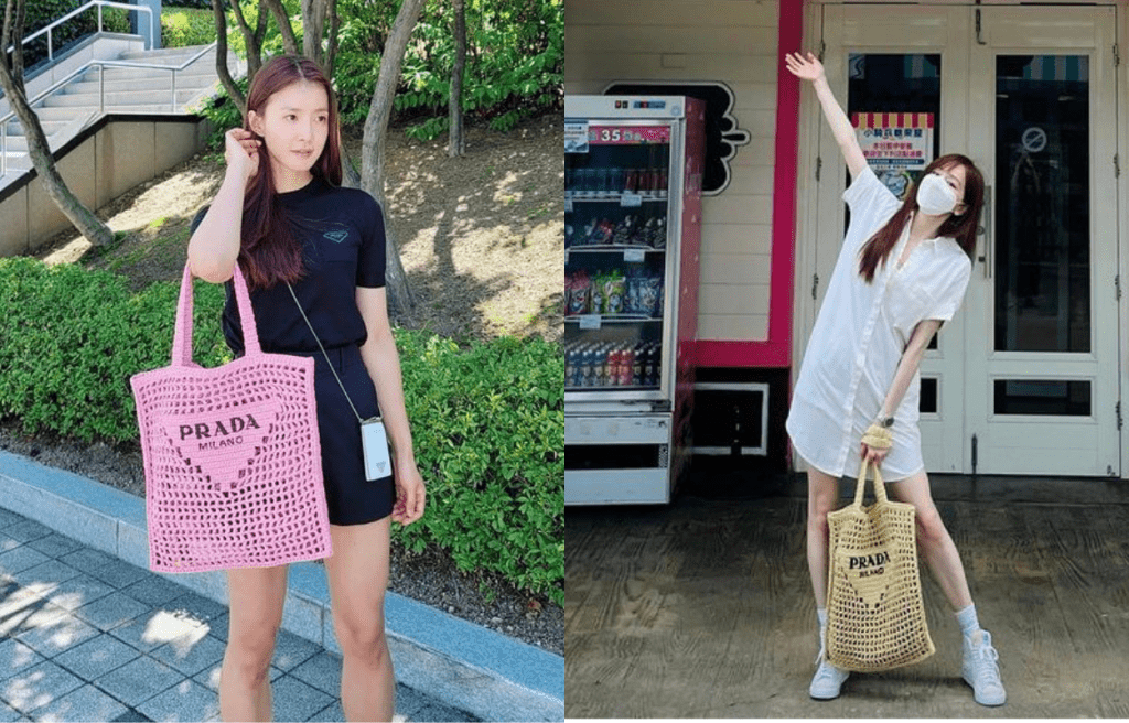 韓星李施昤(左)及台灣女星王心凌(右)不約而同皆以Prada Raffia手提袋/各/$11,200/P配搭休閒造型。前者以一身黑色調造型襯以粉紅色版本,搶眼活力。後者則以Shirt Dress襯以杏色型號,塑造知性夏日造型。(圖片源自李施昤及王心凌Instagram)