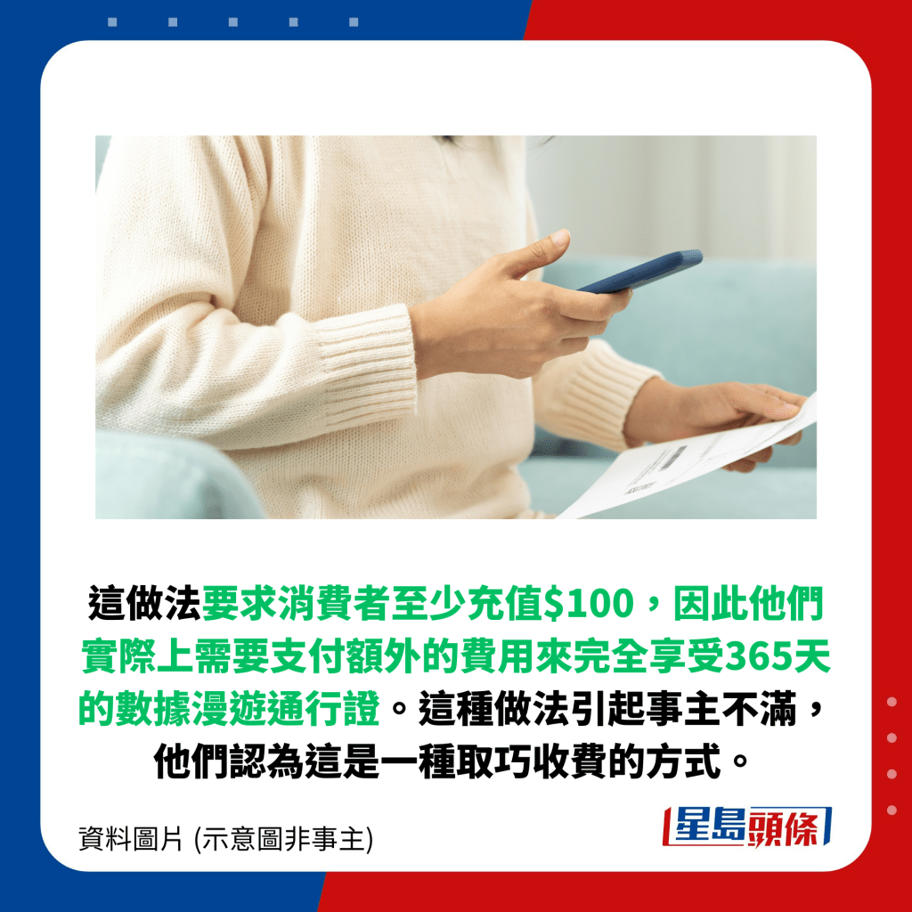 这做法要求消费者至少充值$100，因此他们实际上需要支付额外的费用来完全享受365天的数据漫游通行证。这种做法引起事主不满，他们认为这是一种取巧收费的方式。