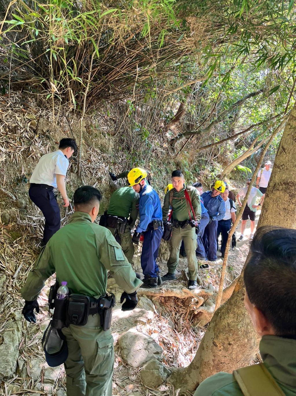 港島總區衝鋒隊與野外巡邏隊今日在山嶺巡邏期間，聯同消防處迅速處理一宗外籍人士不適事件，並成功將事主安全送院。香港警察fb圖片